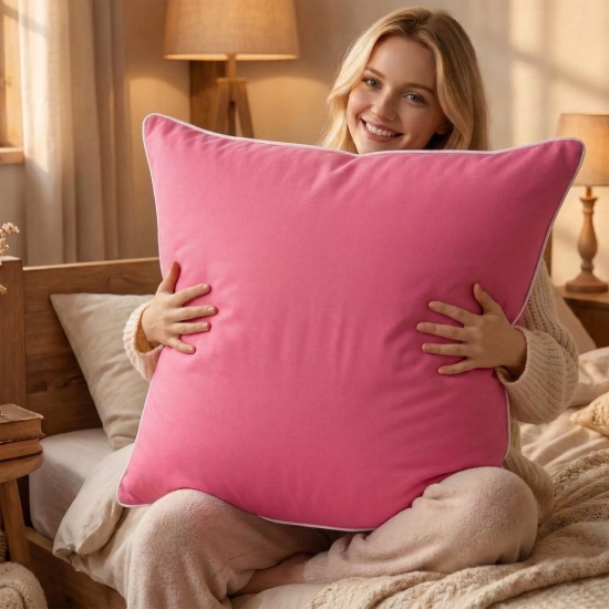 Kobieta z dużą różową poduszką z bawełny wsypowej w sypialni