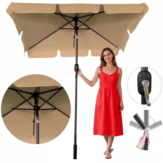 Kolaż prezentujący prostokątny parasol Zenith 125x200 cm w kolorze ciemnego beżu: uśmiechnięta kobieta w czerwonej sukie