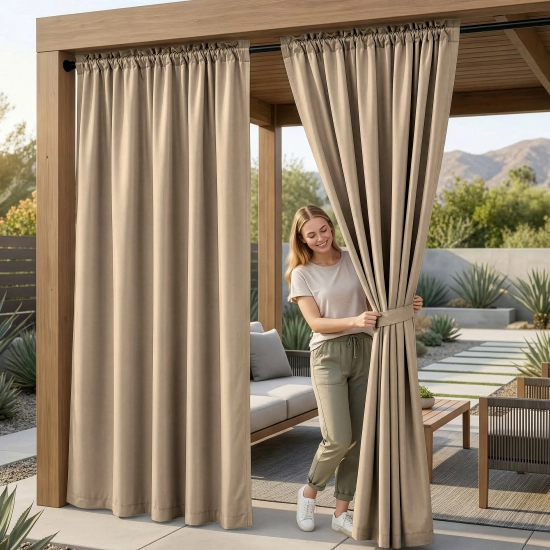 Kobieta na tarasie pod drewnianą pergolą upinająca wodoodporne ciemnobeżowe zasłony ogrodowe