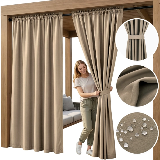 Prezentacja gotowej zasłony tarasowej z detalami materiału i sposobem upinania ciemnobeżową szarfą