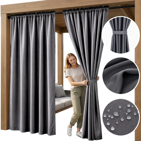 Prezentacja gotowej zasłony tarasowej z detalami materiału i sposobem upinania grafitową szarfą