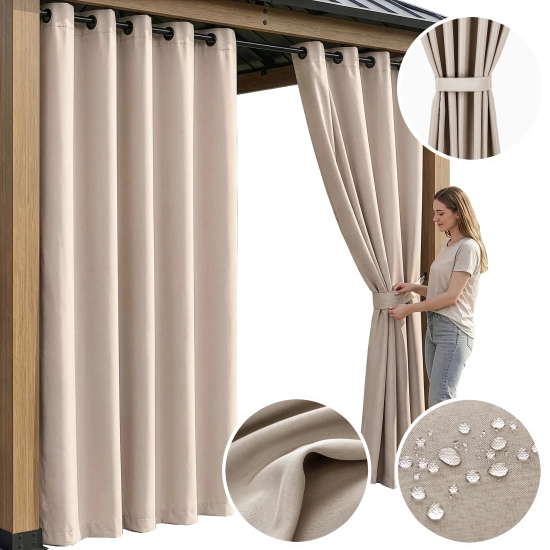 Prezentacja gotowej beżowej zasłony tarasowej z detalami materiału i sposobem upinania materiałową szarfą