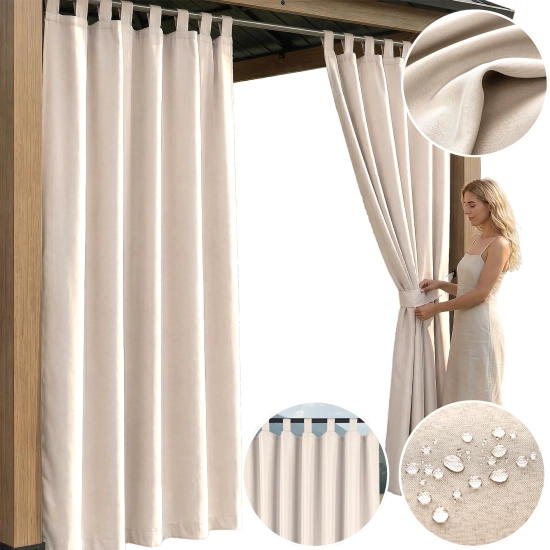 Kolaż prezentujący gotową kremowo-beżową zasłonę tarasową na szelkach wraz ze zbliżeniami na strukturę materiału, szelki i test z kroplami wody