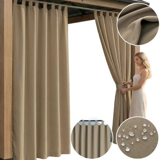 Kolaż prezentujący gotową ciemnobeżową zasłonę tarasową na szelkach wraz ze zbliżeniami na strukturę materiału, szelki i test wodoodporności