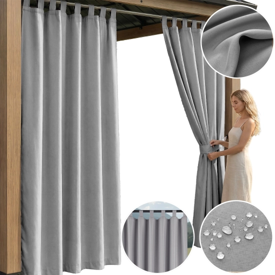 Kolaż prezentujący jasnoszarą zasłonę ogrodową na szelkach z detalami montażu na karniszu, upięciem pasem, strukturą materiału i testem wodoodporności