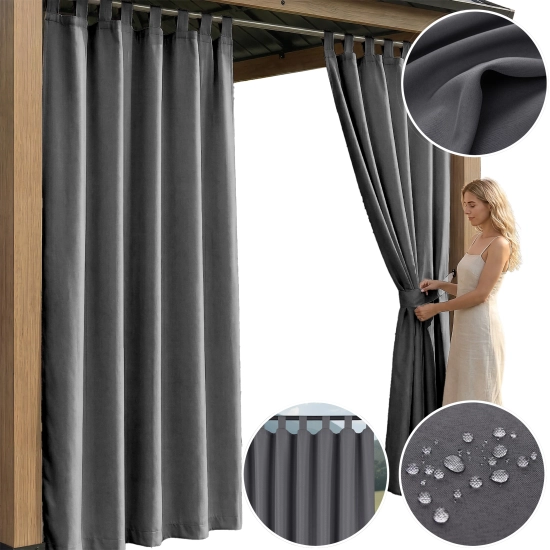 Kolaż prezentujący grafitową zasłonę ogrodową na szelkach z detalami montażu na karniszu, upięciem pasem, strukturą materiału i testem wodoodporności