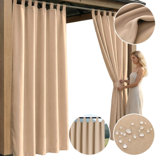 Kolaż prezentujący piaskową zasłonę ogrodową na szelkach z detalami montażu na karniszu, upięciem pasem, strukturą materiału i testem wodoodporności