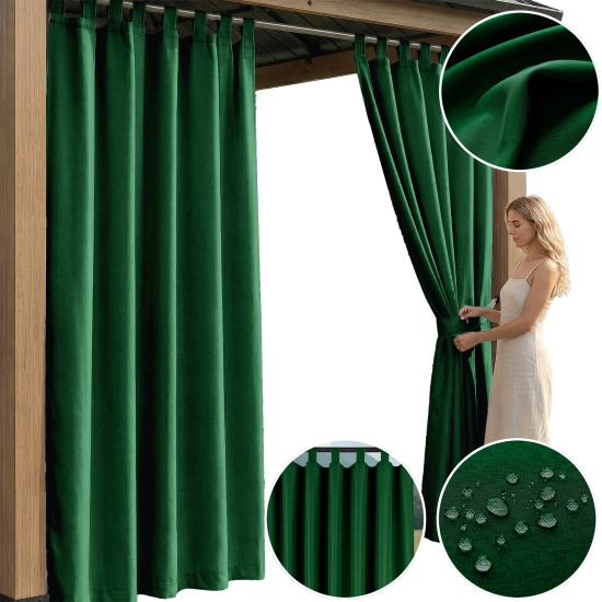 ZSOC-GT08-M.jpg Kolaż prezentujący ciemnozieloną zasłonę ogrodową na szelkach z detalami montażu na karniszu, upięciem pasem, strukturą materiału i testem wodoodporności